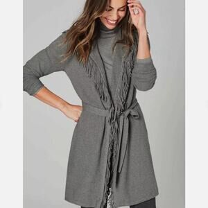J. Jill Dark Gray Textured Heather Fringe Belted Open Cardigan Sweater Large
